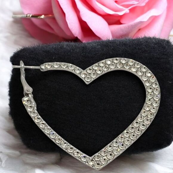 Silver Rhinestone Heart Hoop Earrings Studded Pierced Women's Jewelry Leverback - Picture 5 of 9